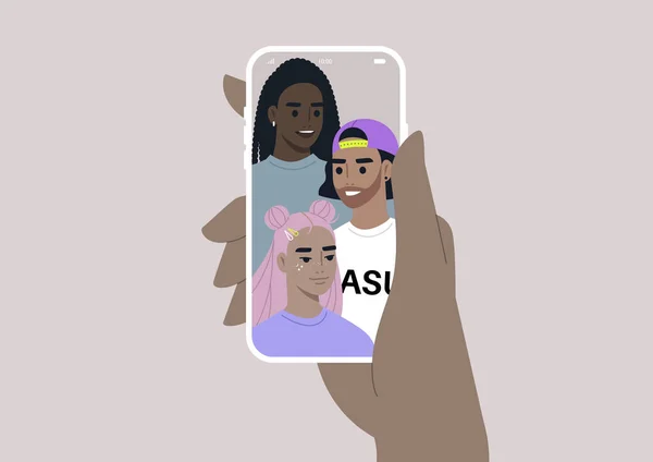 Conteúdo Mídia Social Viral Retrato Selfie Grupo Diversificado Amigos Jovens —  Vetores de Stock
