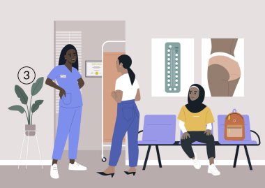 Klinik koridoru, jinekolog bekleme odası, tesettürlü genç bir kadın hasta.