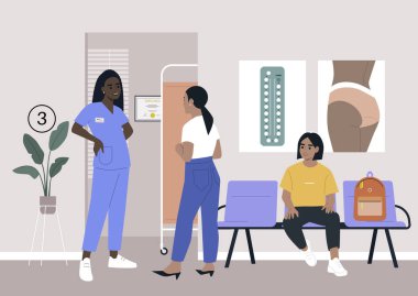 Klinik koridoru, jinekolog kabinesi bekleme salonu, koridorda bekleyen genç bir kadın karakter.
