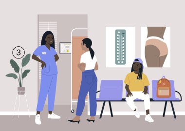 Klinik koridoru, jinekolog kabinesi bekleme salonu koridorda oturan genç bir Afrikalı karakter.