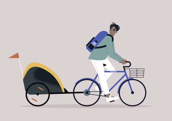Ung Afrikansk Förälder Som Cyklar Med Barnvagn — Stock vektor