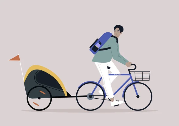 Ein Junger Asiatischer Elternteil Auf Einem Fahrrad Mit Kinderanhänger — Stockvektor