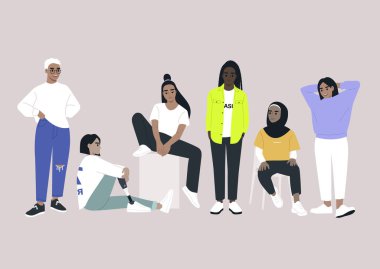 Farklı etnik kökenlere sahip bir grup kadın karakter, vücut tipi, ten rengi, feminist bir kavram.
