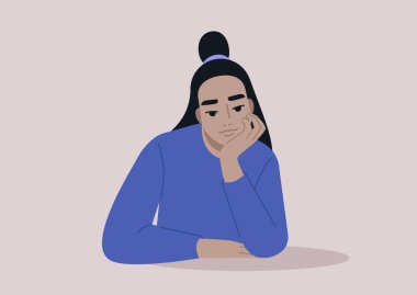 Genç Asyalı bir karakter elleriyle yüzünü destekliyor, dikkatli bir dinleyici.