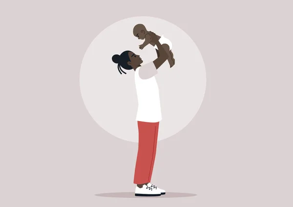 Junge Verspielte Afrikanische Eltern Heben Ihr Baby Die Luft Familienbande — Stockvektor