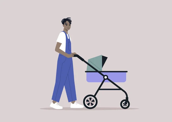 Молодий Африканський Батько Ходить Прогулянкою Вулиці — стоковий вектор
