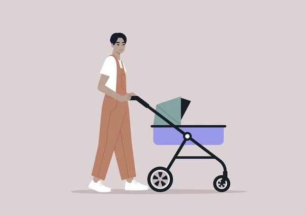 Jeune Parent Asiatique Marche Avec Une Poussette Activités Plein Air — Image vectorielle