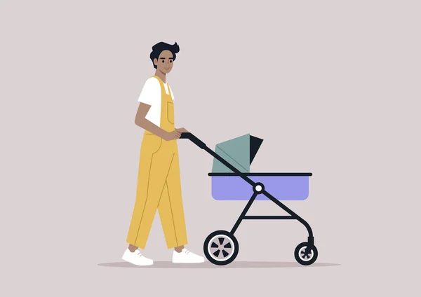 Ung Vit Förälder Promenader Med Barnvagn Utomhusaktiviteter — Stock vektor