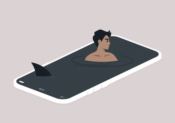 Пристрастие Социальным Сетям Экран Мобильного Телефона Изображенный Поверхность Воды Молодой — стоковый вектор
