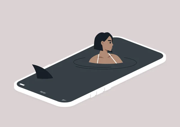 Пристрастие Социальным Сетям Экран Мобильного Телефона Изображенный Поверхность Воды Молодой — стоковый вектор