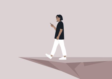 Kafkasyalı genç bir karakter, bir akıllı telefondan dikkati dağılmış dipsiz kuyuya atlıyor, nomofobi, milenyum yaşam tarzı.