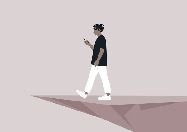Jovem Personagem Africano Distraído Por Smartphone Caminhando Para Abismo Nomofobia — Vetor de Stock