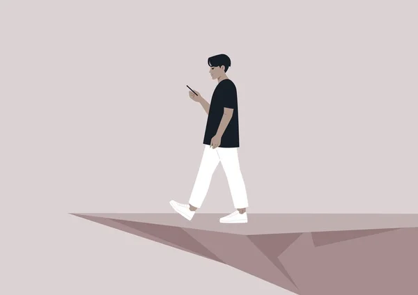 Eine Junge Asiatische Figur Abgelenkt Von Einem Smartphone Das Den — Stockvektor
