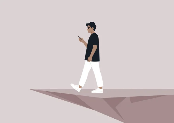 Giovane Personaggio Caucasico Distratto Uno Smartphone Che Cammina Verso Abisso — Vettoriale Stock