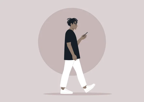 Retrato Corpo Inteiro Jovem Personagem Africano Usando Seu Telefone Movimento —  Vetores de Stock