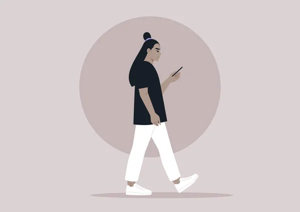 Retrato Corpo Inteiro Uma Jovem Personagem Asiática Usando Seu Telefone —  Vetores de Stock