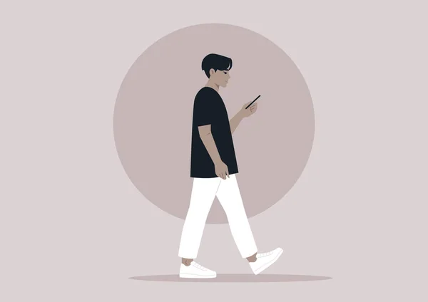 Egy Fiatal Ázsiai Férfi Portréja Útközben Telefonját Használva — Stock Vector