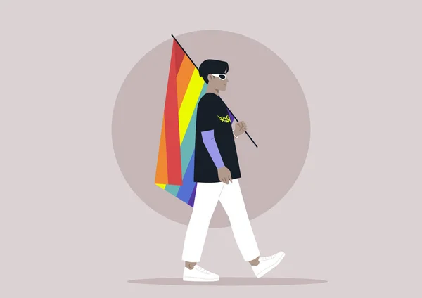 Pride Månad Regnbåge Flagga Bärs Ung Snygg Karaktär Bär Fancy — Stock vektor