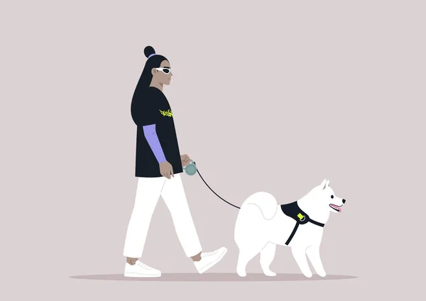 Jovem Personagem Elegante Andando Com Seu Cão Bonito Samoyed — Vetor de Stock