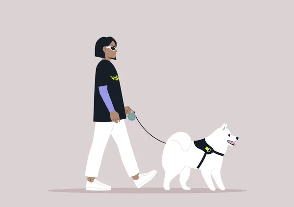 Jovem Personagem Elegante Andando Com Seu Cão Bonito Samoyed — Vetor de Stock