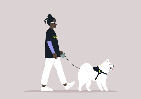 Genç Bir Stil Karakteri Sevimli Köpekleri Ile Yürüyor — Stok Vektör