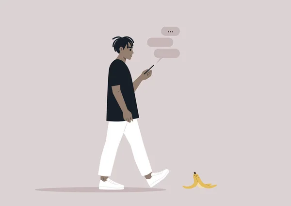 Jovem Personagem Africano Viciado Seu Smartphone Ignorando Uma Casca Banana — Vetor de Stock
