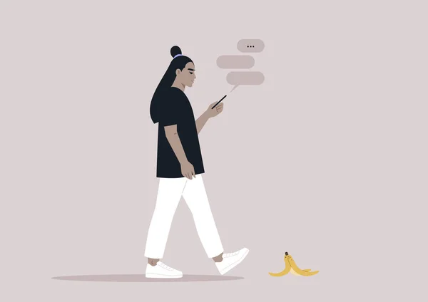 Молодая Азиатка Пристрастившаяся Смартфону Игнорирует Банановую Кожуру Дороге — стоковый вектор