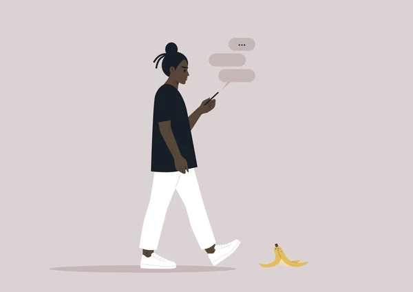 Mladá Africká Žena Postava Závislá Jejich Smartphonu Ignorující Banánovou Slupku — Stockový vektor