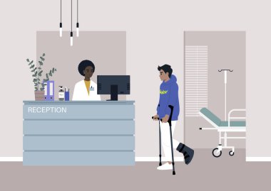 Yürümek için koltuk değneği ve sert çizme kullanan kırık bacaklı genç bir karakter. Klinikte muayene randevusu.