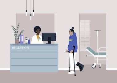 Yürümek için koltuk değneği ve sert çizme kullanan kırık bacaklı genç bir karakter. Klinikte muayene randevusu.