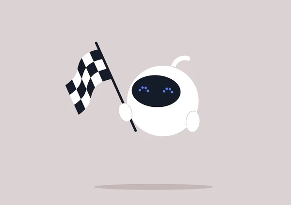 Cute Biały Robot Kratkę Czarno Białe Flagi Powitanie Zwycięzcy Konkursu — Wektor stockowy