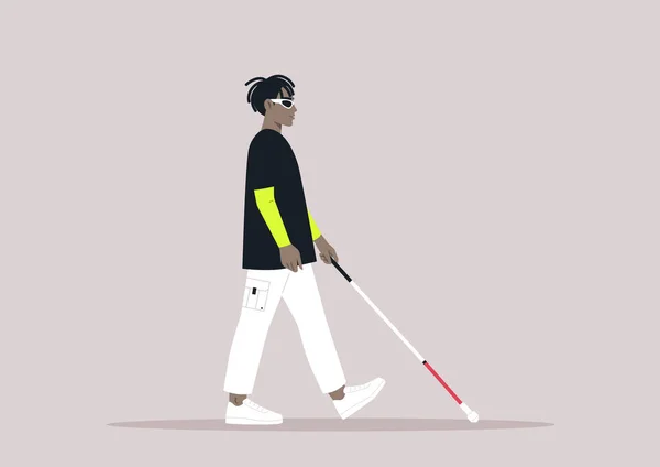 Beyaz Baston Kullanan Genç Afrikalı Karakter Dışarıda Yürüyen Görme Engelli — Stok Vektör