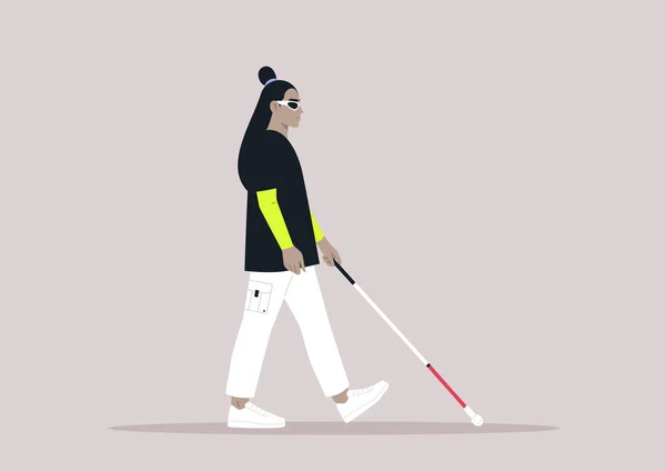 Beyaz Baston Kullanan Genç Bir Karakter Dışarıda Yürüyen Görme Engelli — Stok Vektör