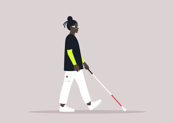 Beyaz Baston Kullanan Genç Afrikalı Karakter Dışarıda Yürüyen Görme Engelli — Stok Vektör