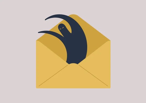 ブラックメーリングコンセプト 黄色の封筒の中に不気味なモンスターシルエット — ストックベクタ