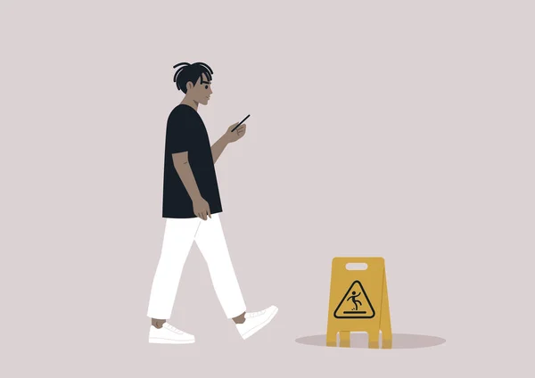 Junge Afrikanerin Durch Smartphone Abgelenkt Und Ignoriert Gelbes Warnschild Auf — Stockvektor