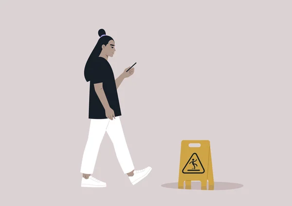 Jeune Personnage Asiatique Distrait Par Leur Smartphone Ignorant Jaune Humide — Image vectorielle