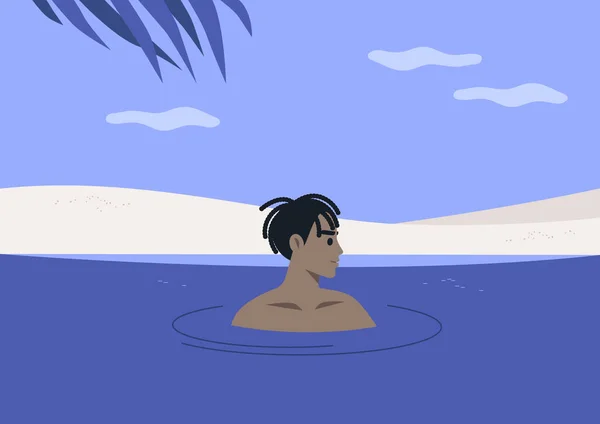 Personaje Joven Relajado Nadando Mar Vacaciones Clima Tropical Estilo Vida — Archivo Imágenes Vectoriales