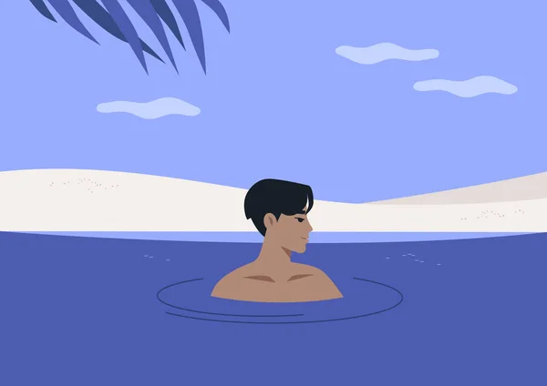 Jovem Personagem Relaxado Nadando Mar Férias Clima Tropical Estilo Vida — Vetor de Stock