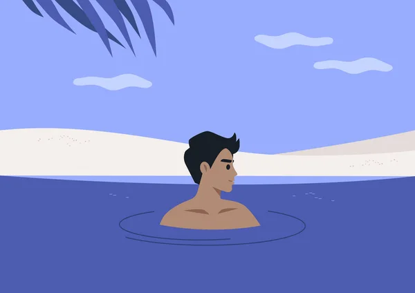 Молодий Спокійний Чоловік Плаває Морі Відпочиває Тропічному Кліматі — стоковий вектор