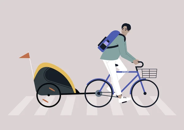 一位年轻的亚洲父母骑着一辆装有儿童拖车和人行横道的自行车 — 图库矢量图片