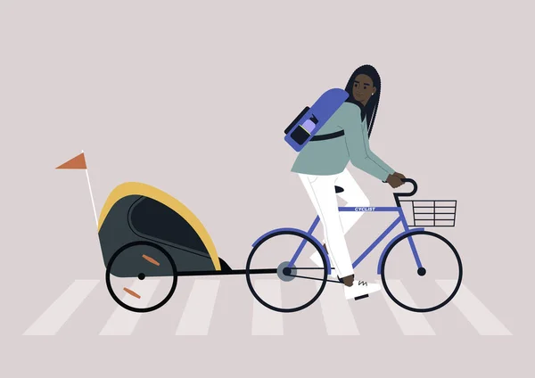 Молодой Африканский Родитель Едет Велосипеде Детским Трейлером Пешеходным Переходом — стоковый вектор