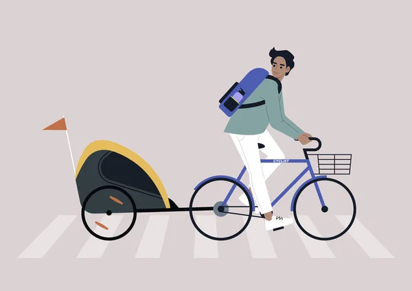 一位年轻的白人家长骑着一辆装有拖车和人行横道的自行车 — 图库矢量图片