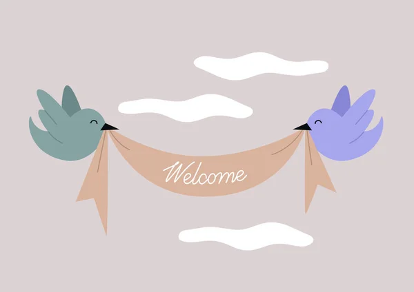 Deux Oiseaux Mignons Tenant Ruban Avec Signe Bienvenue — Image vectorielle