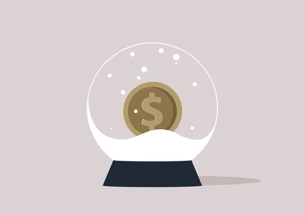 一个装有人造雪的水晶球 里面有一枚金属钱的硬币 — 图库矢量图片
