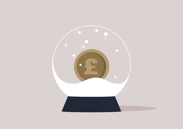 stock vector A crystal ball filled with artificial snow, a metal GBP coin inside