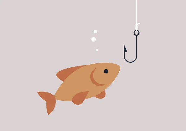 Zlatá Ryba Zvědavá Kovový Hák Koncept Rybolovu — Stockový vektor
