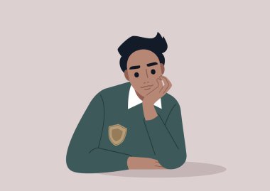 Kafkasyalı genç bir öğrenci elleriyle yüzünü destekliyor, dikkatli bir dinleyici.