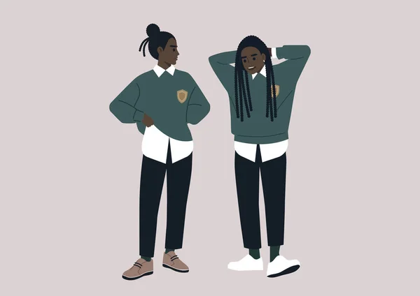 Egy Félénk Diák Flörtöl Szerelmükkel Szünetben Mindketten Egyetemi Egyenruhát Viselnek — Stock Vector
