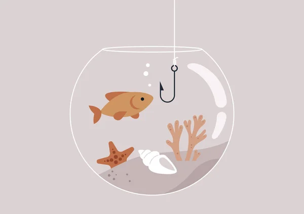 Absurdní Koncept Rybaření Kulatá Akvárium Korály Mořskými Lasturami Uvnitř Důvěřivá — Stockový vektor